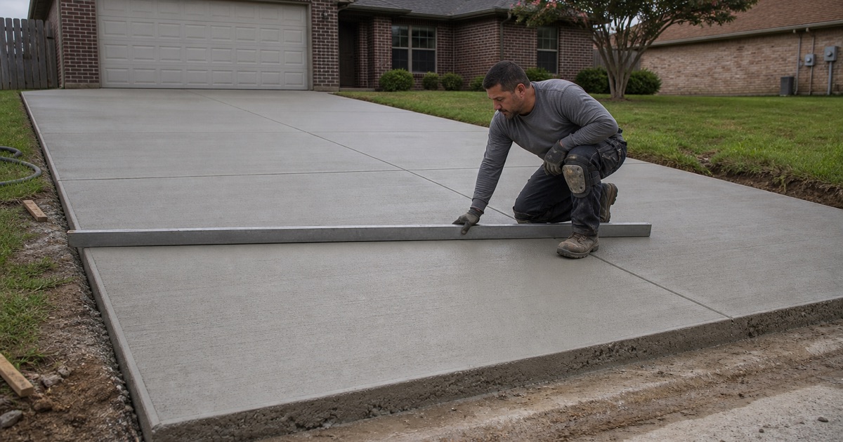 A cured broom finish driveway in Killeen being checked with a long straightedge laid across two panels and a joint.