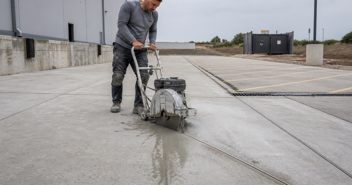 A walk-behind saw cutting control joints across a commercial slab in Killeen, with slurry trailing behind and a loading dock apron beyond.