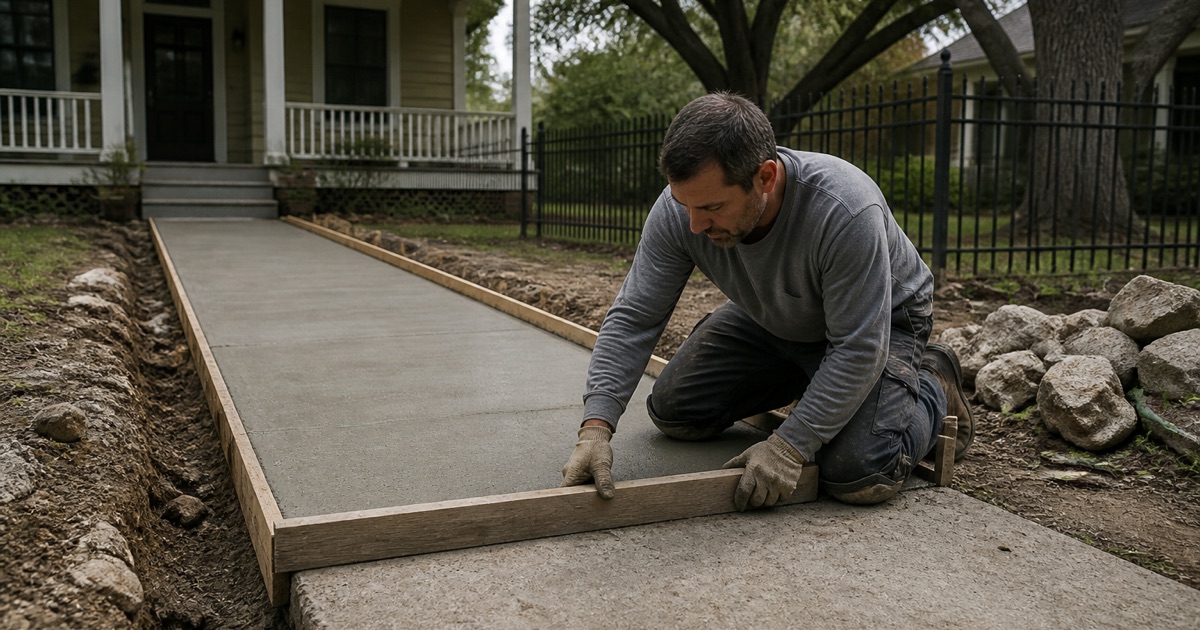 A gray front walk in a Belton historic district being replaced like for like, the new formed section meeting the original at a square joint.