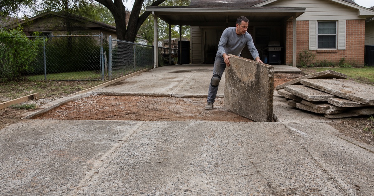A worn 1970s driveway in Copperas Cove broken into panels for replacement, showing the four inch section over clay and limestone.