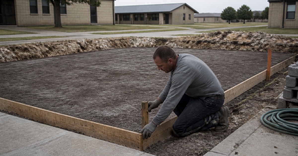 Expansive clay subgrade being moisture conditioned above optimum before a slab pour at Fort Hood, with the excavation permit stake at the corner.