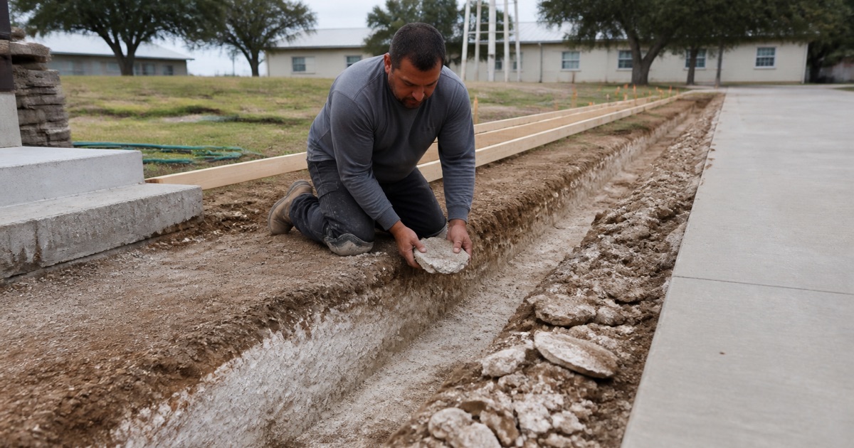 A footing trench in Gatesville stopped about a foot down on a hard cemented caliche pan, with blocky pale fragments in the spoil.