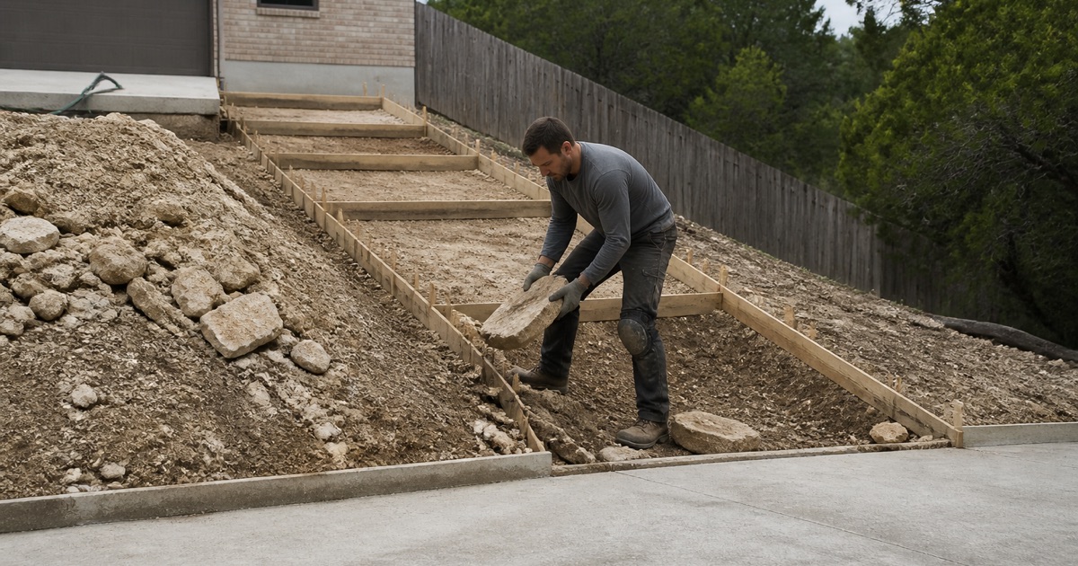 A benched hillside excavation in Harker Heights showing shallow loam over limestone bedrock, with stepped forms down the slope and rock in the spoil.
