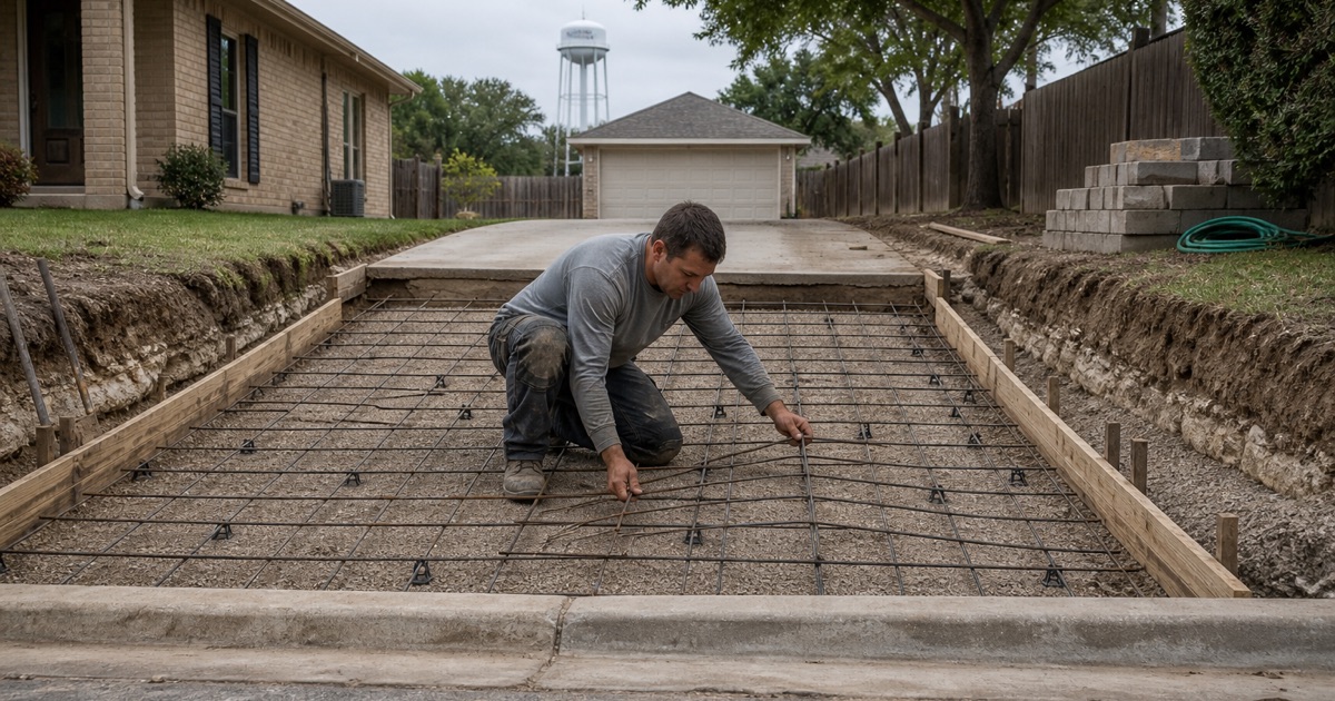 A right of way drive approach in Lampasas rebuilt over stabilized base in six inch lifts, with a heavy reinforcing mat on chairs.