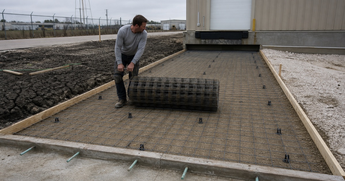 Welded wire mesh being rolled out on chairs over base for a McGregor truck pad, with deep clay on one side of the cut and shallow rock on the other.