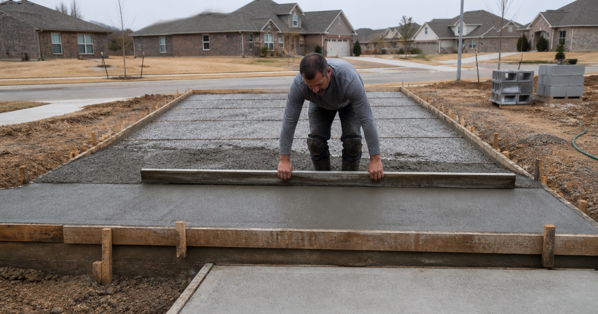 A manufactured home pad in Nolanville being screeded between forms, built on crushed rock base rather than caliche alone.