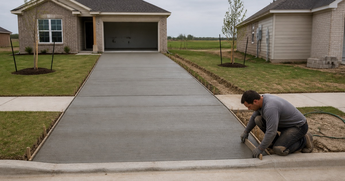 A brushed concrete driveway at a new Santa Rita Ranch home, poured to a narrow single width at the curb with the sidewalk crossing it.