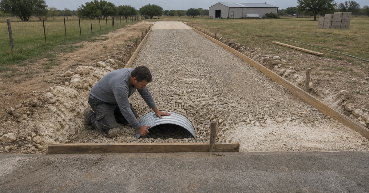 An acreage drive approach in Serenada formed at a county road over a bedded culvert in the bar ditch, with chalk in the trench beside it.
