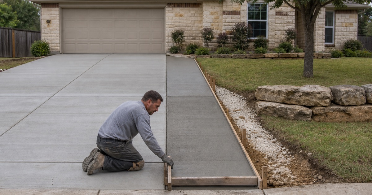 A driveway in Georgetown being widened in plain brushed concrete, the new strip doweled to the old slab and formed square at the curb.