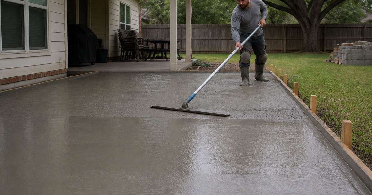 A wet concrete patio slab in Killeen being bull floated smooth, the floated half meeting the screeded half across the middle of the pour.