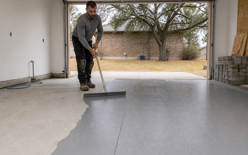 A gray polymer overlay being squeegeed across a ground and prepared garage slab in Killeen, with the working edge across the middle.