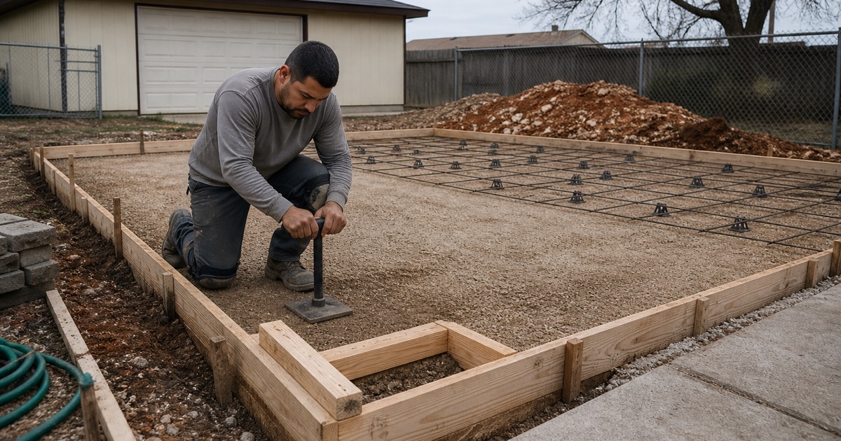 A formed shed pad in Killeen with compacted base, a thickened edge trench and rebar on chairs, a worker tamping inside the deepened section.