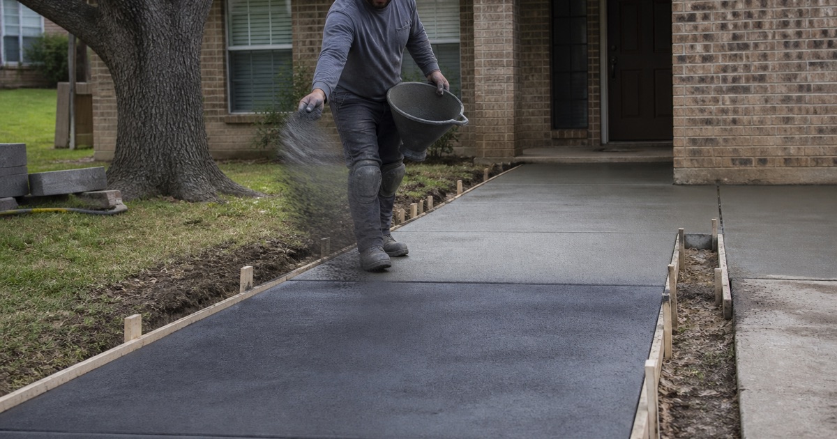 Charcoal color hardener being broadcast across a wet front entry walk in Killeen, the worked-in half meeting the bare gray half.